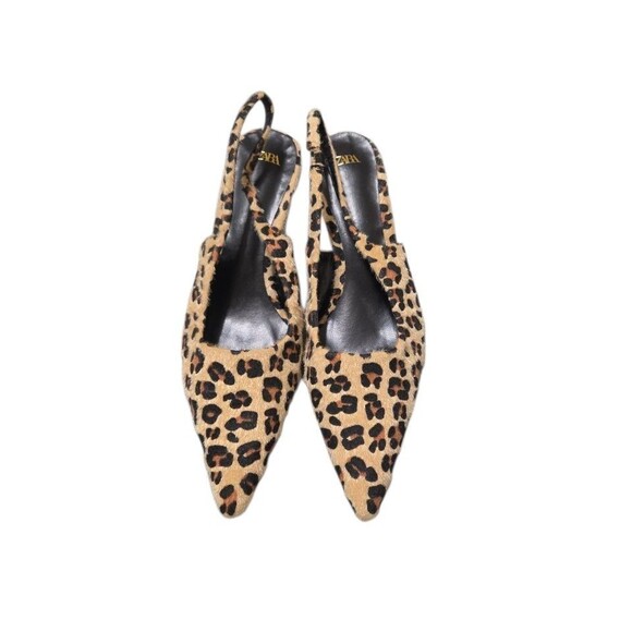 New ZARA Fur Trimmed Leather Slingback Kitten Heels Leopard Print EU 42 US 11 S2 - Picture 2 of 12